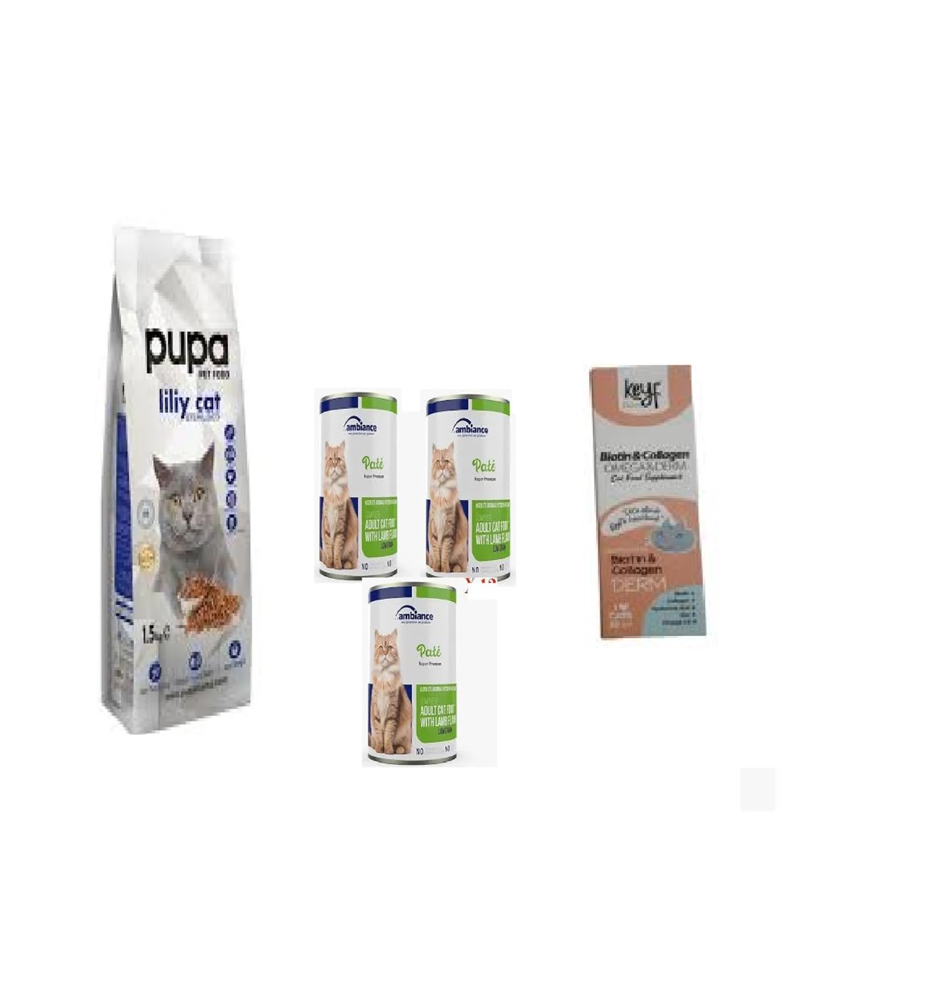 Kısırlaştırılmış  Kedi  Maması 1,5 kg +Kedi Konserve Yaş Mama 415 grX 3 Adet +Kediler İçin Biotin -Collagen 50 ml